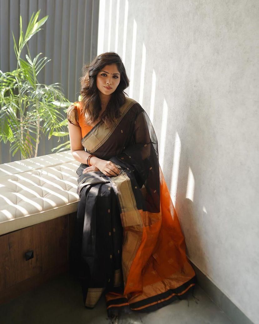 Black and Orange Silk Saree with Golden Border