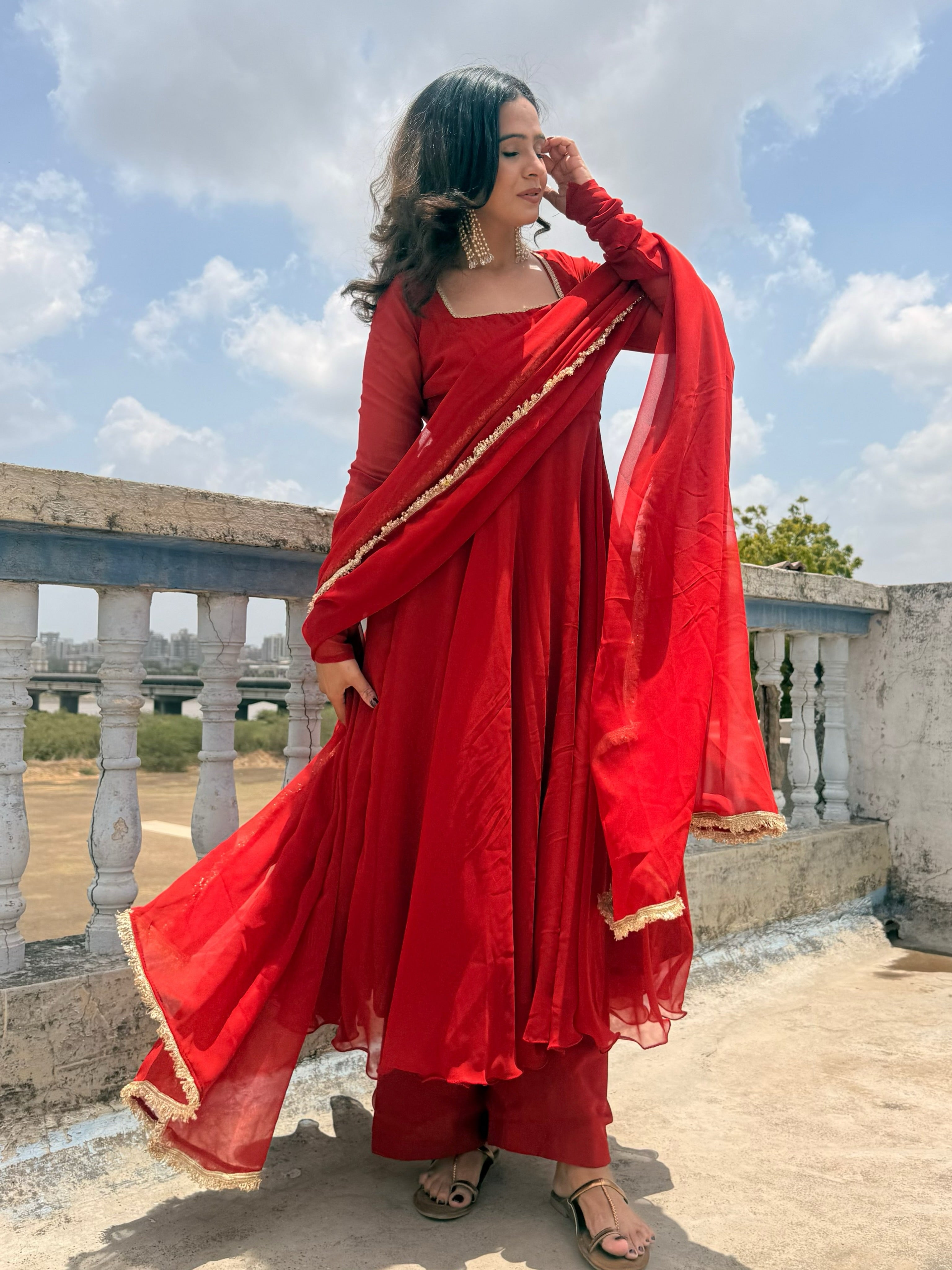Classic Red Georgette Anarkali Suit Set with Lace Border Dupatta
