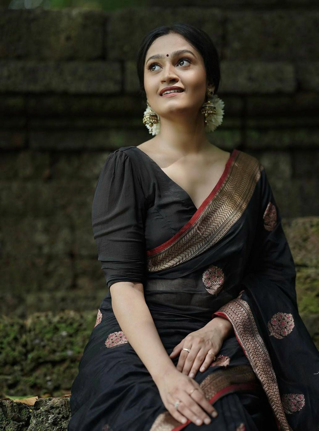 Black Silk Saree with Red & Gold Border