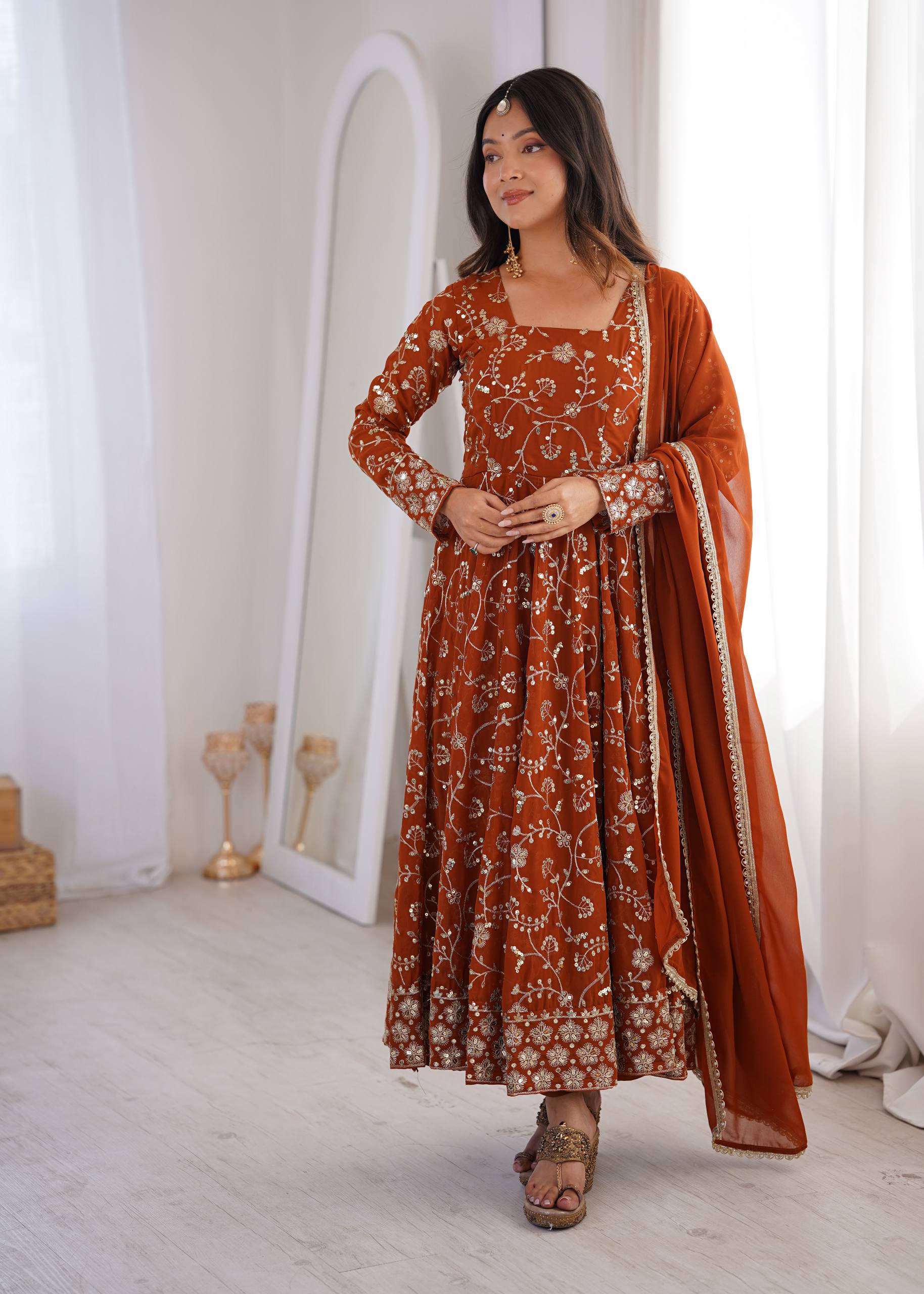 Rust Orange Sequined Floral Jaal Anarkali Suit Set with Georgette Dupatta