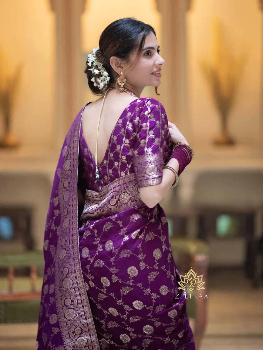 Royal Plum Purple Silk Saree with Gold Zari Work