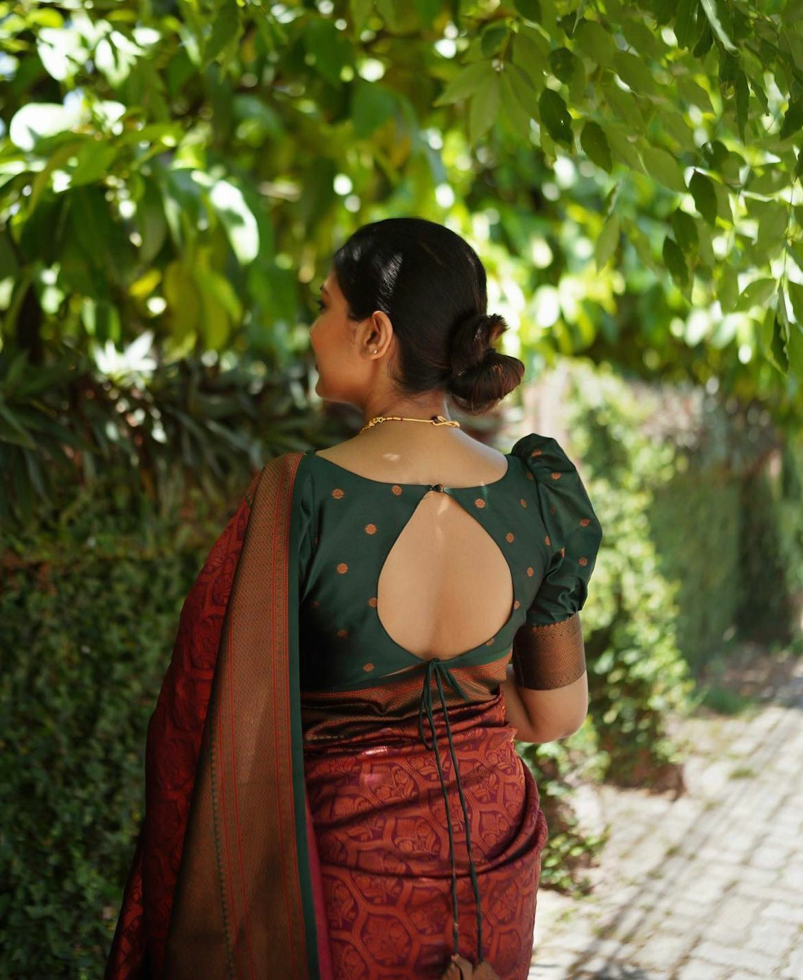 Brown Silk Saree with Rust & Green Accents