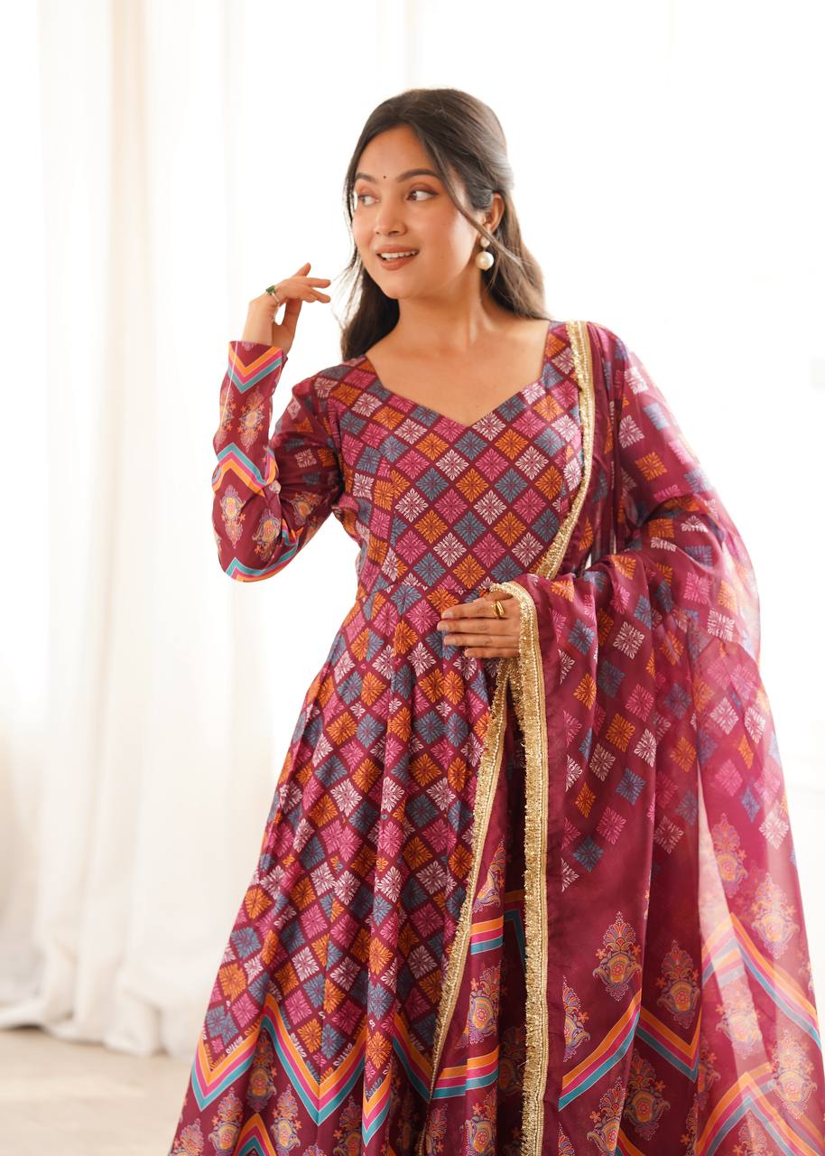 Maroon Geometric Printed Anarkali Suit Set with Dupatta