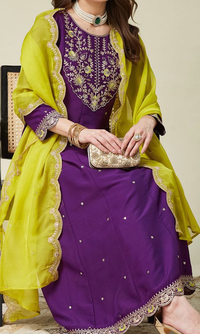 Purple Embroidered Kurta Set with Contrast Yellow Dupatta for Women