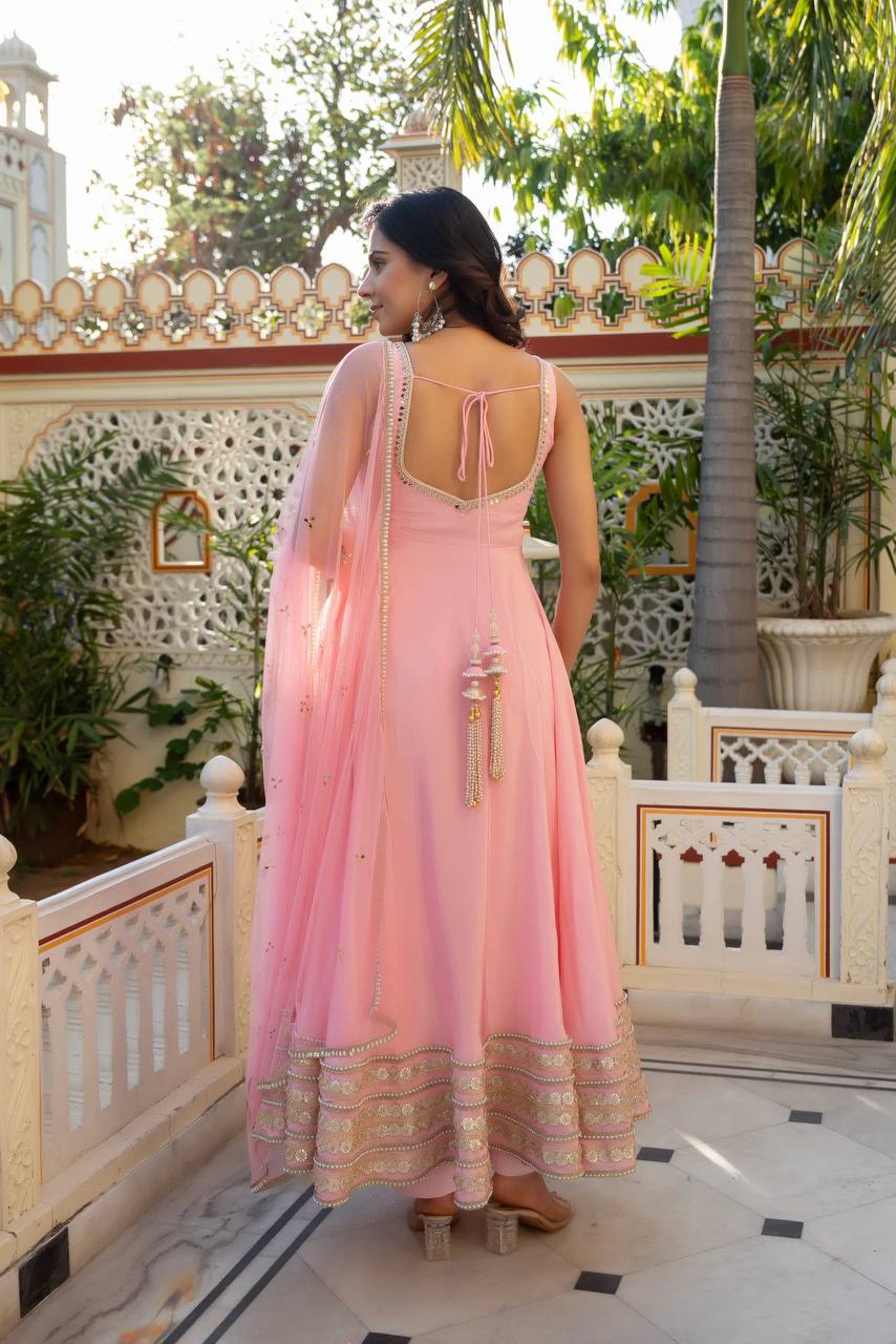 Graceful Baby Pink Georgette Flared Anarkali Kurti with Gota Patti Hem & Net Dupatta Set for Women
