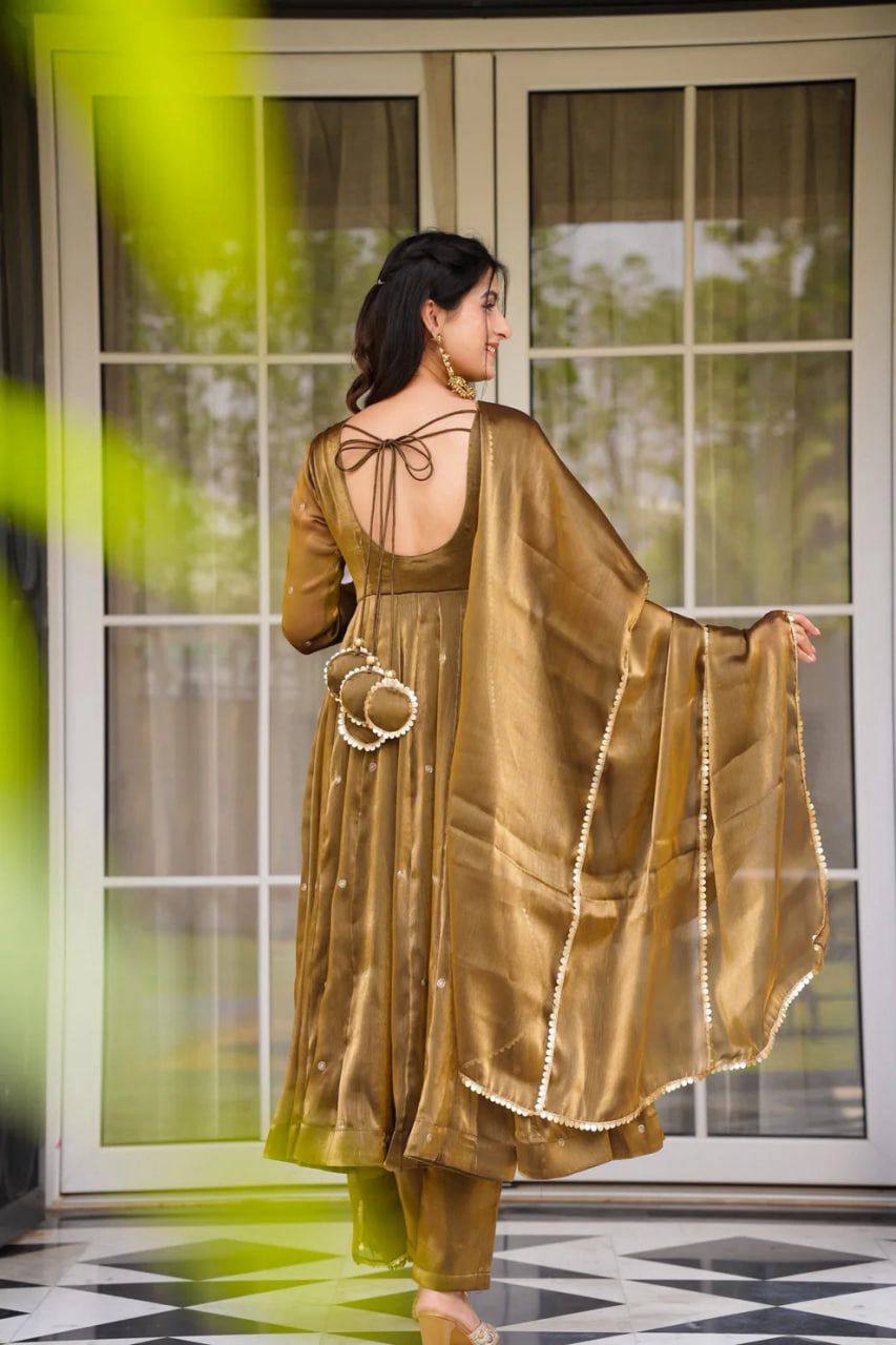 Luxurious Olive Gold Metallic Tissue Anarkali Kurti with Pants & Bordered Dupatta Set for Women
