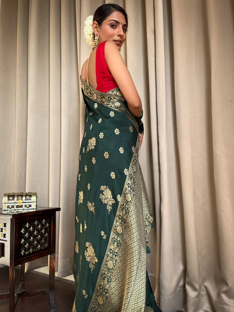 Dark Green Silk Saree with Gold Zari Work