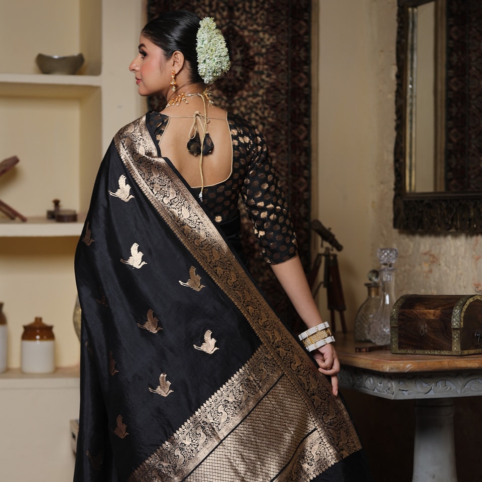 Black Silk Saree with Gold Bird Motifs