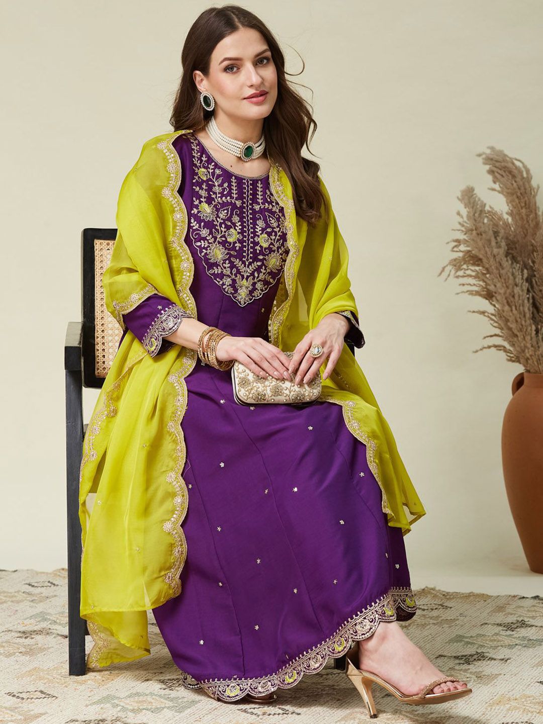 Purple Embroidered Kurta Set with Contrast Yellow Dupatta for Women
