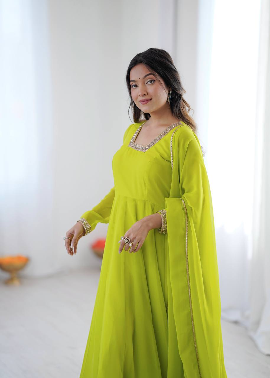 Lime Green Georgette Anarkali Suit Set with Embroidered Neck