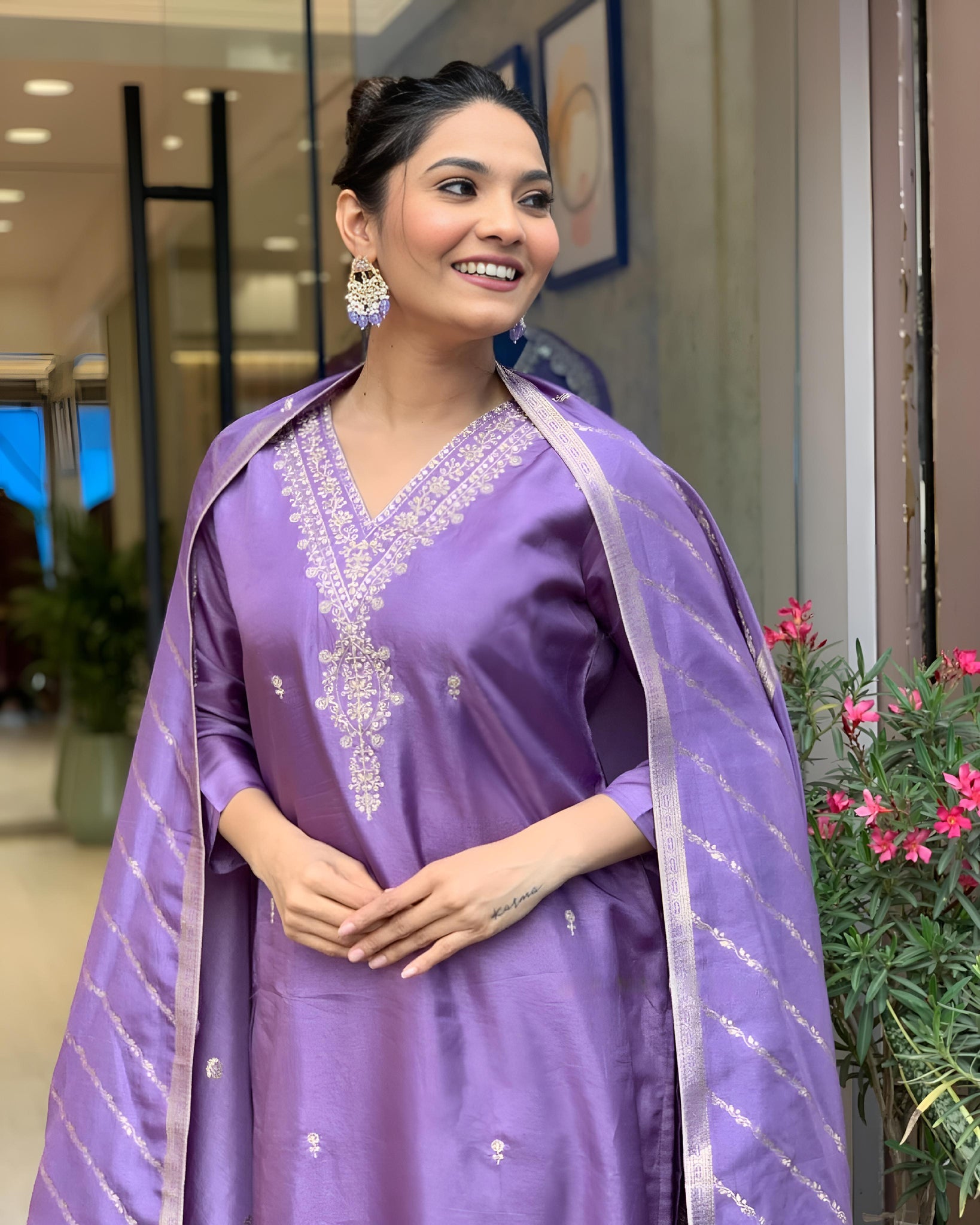 Embroidered V-Neck Thread Work Purple Kurta Set