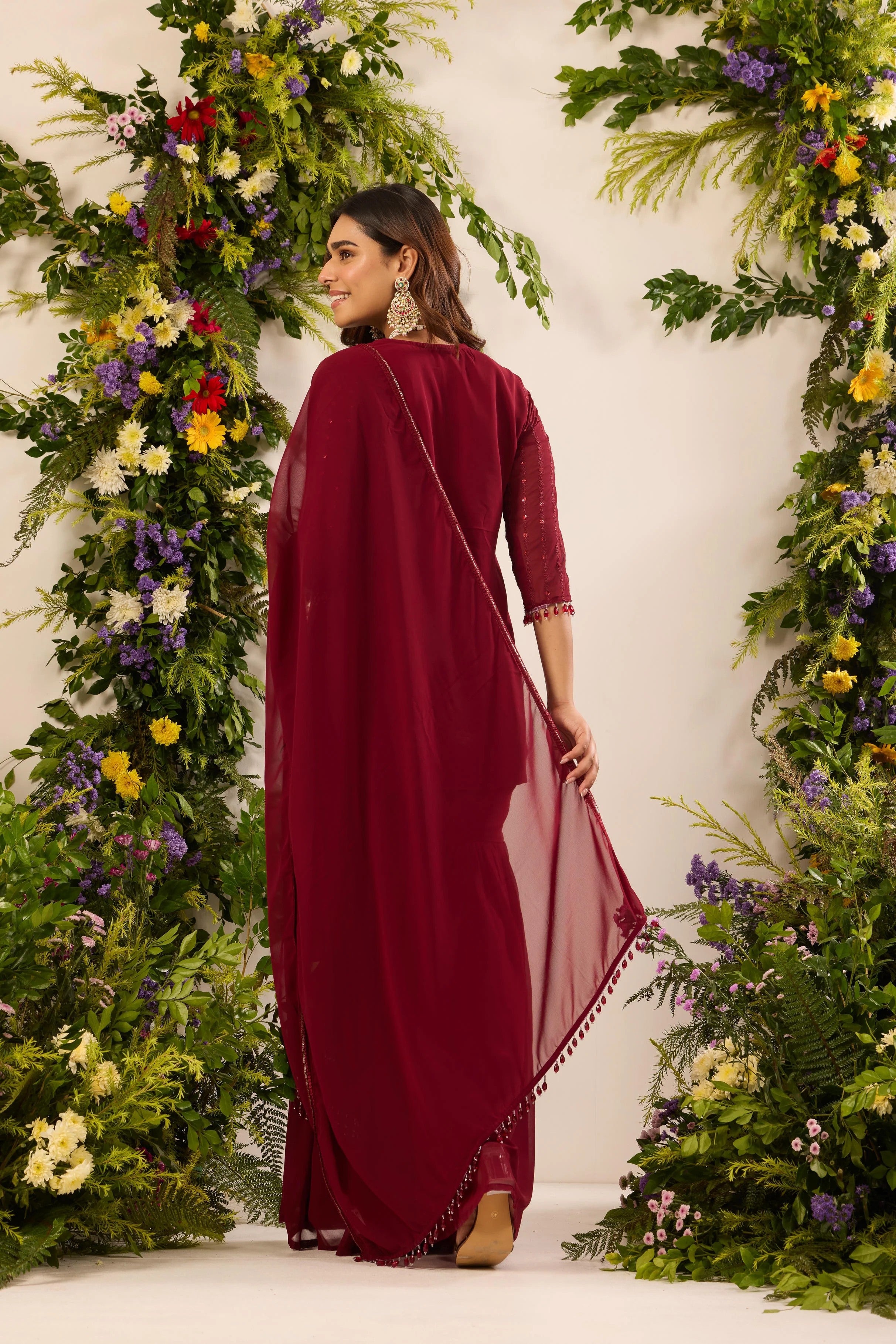 Elegant Maroon Georgette Sequin Embroidery Kurti with Pleated Sharara Pants & Matching Dupatta Set for Women
