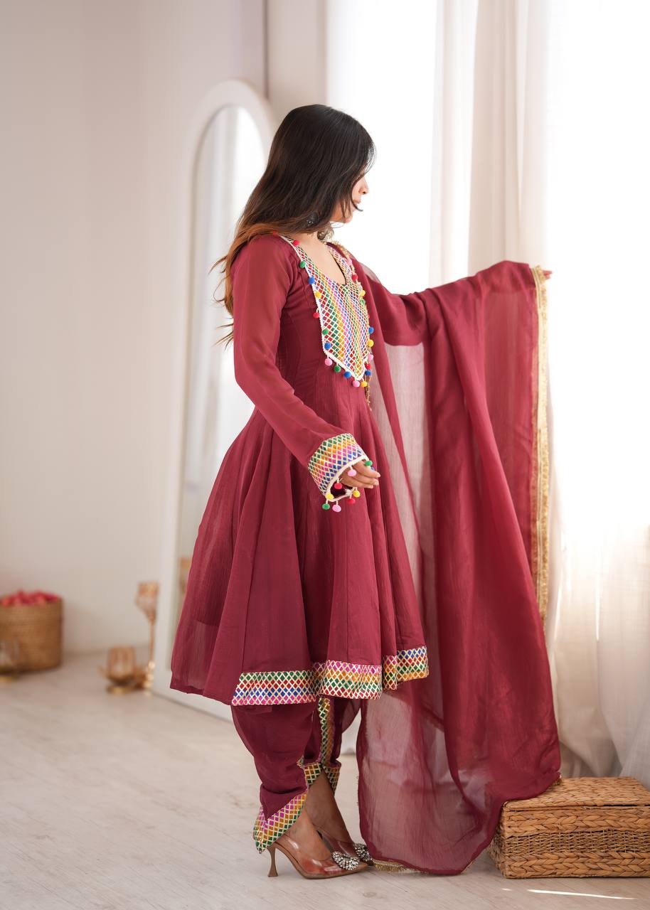 Maroon Anarkali Kurta Dhoti Pant Set with Lace & Pom-Poms
