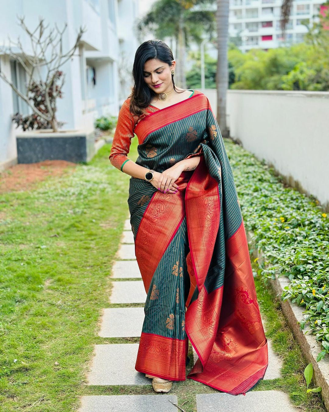 Dark Green Silk Saree with Red & Gold Border