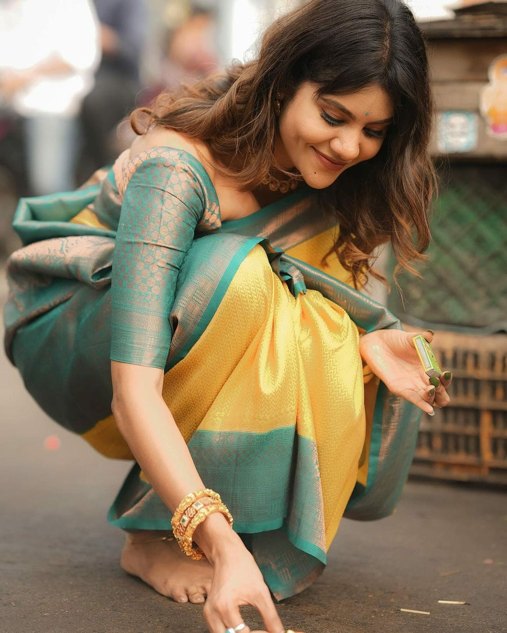 Yellow Silk Saree with Teal Green Border