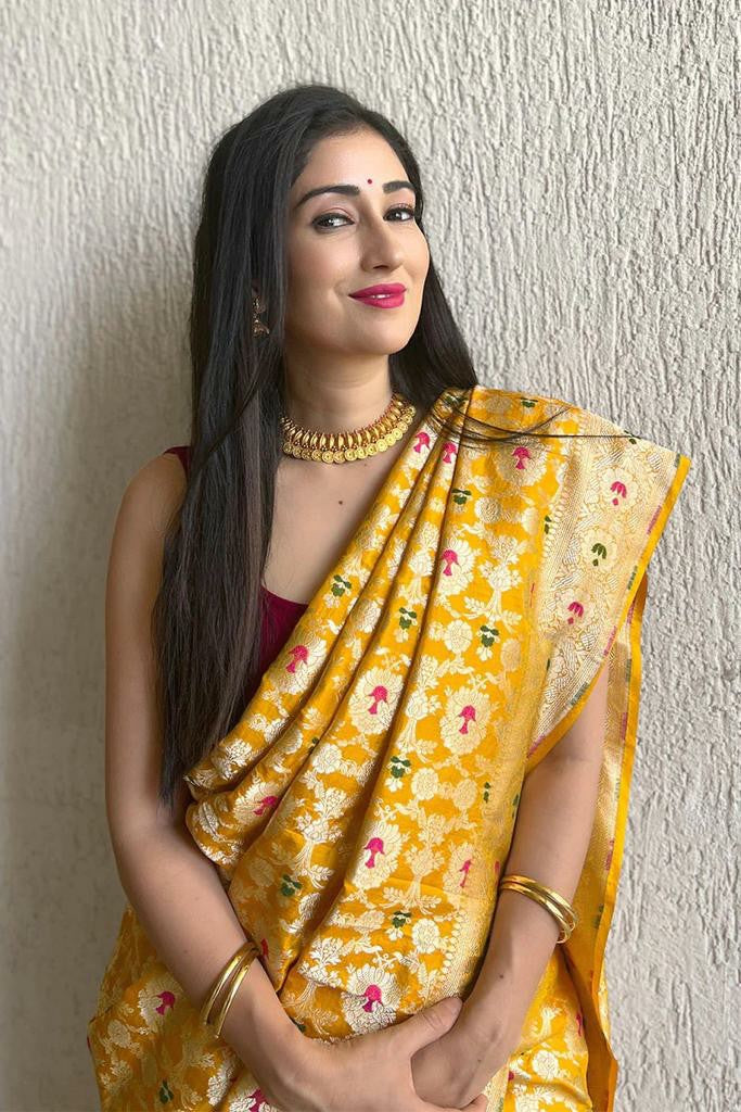 Mustard Yellow Silk Saree with Gold Zari Weaving & Floral Butta Work