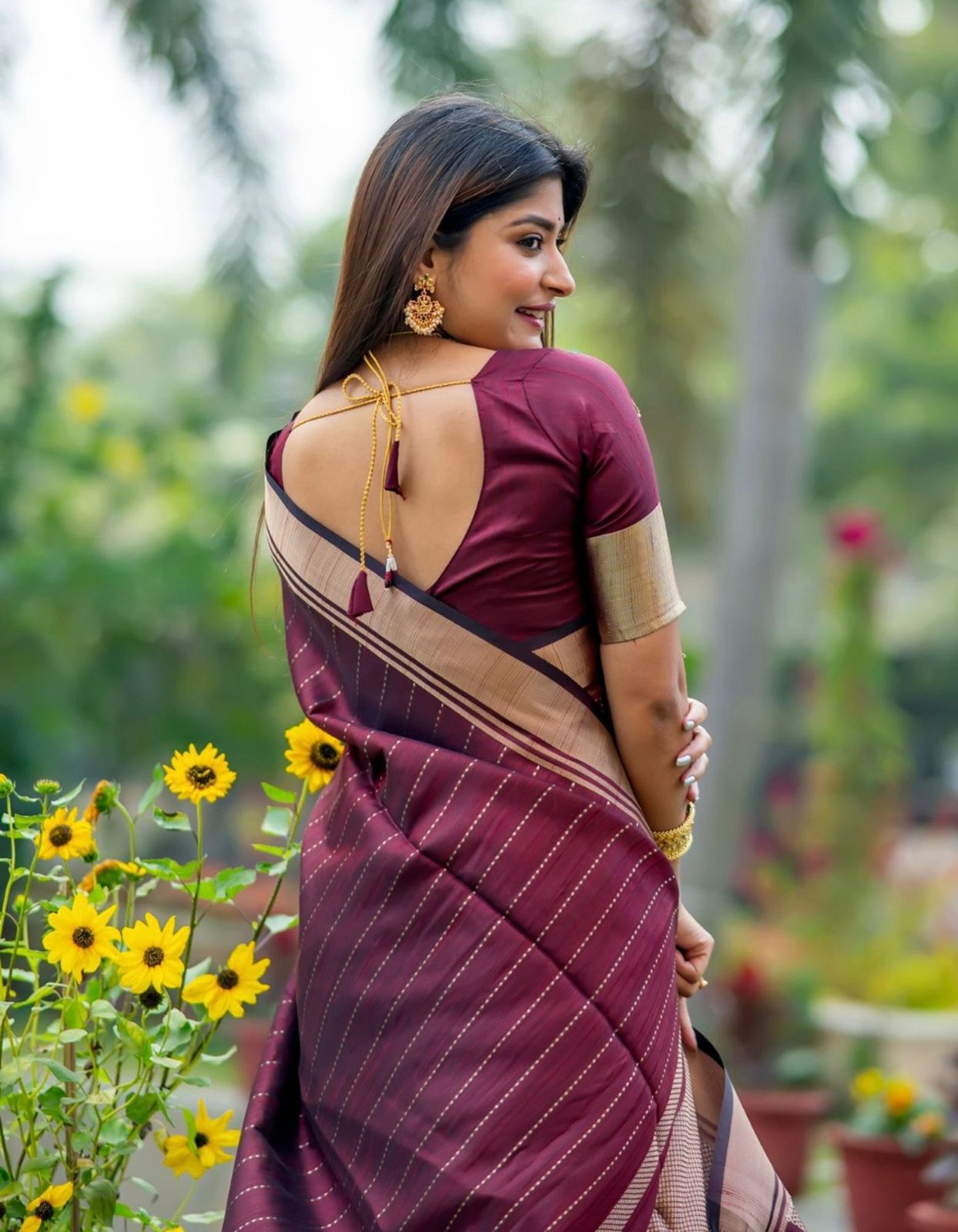 Maroon Silk Saree with Gold Border