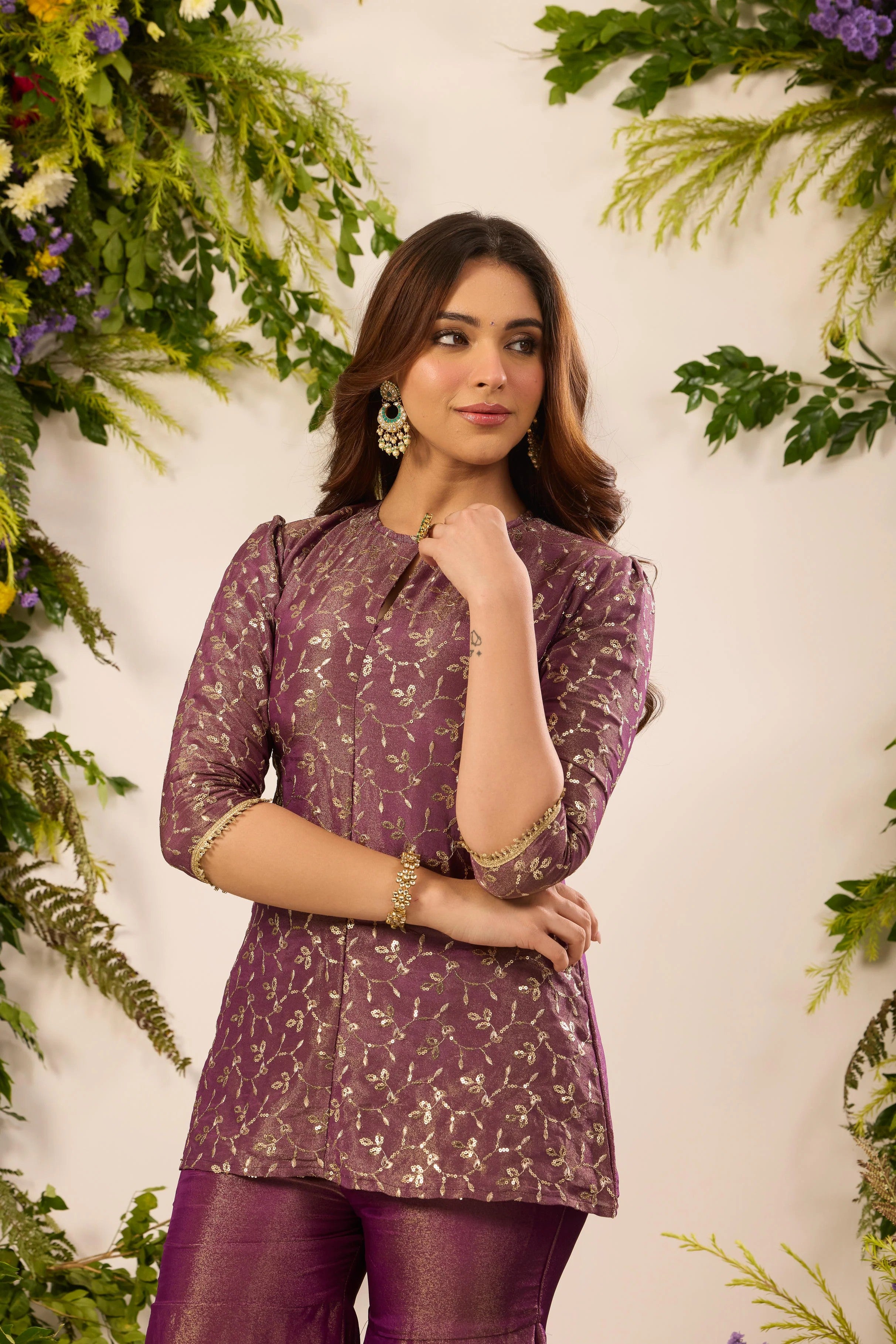 Elegant Purple Metallic Thread Embroidery Kurti with Wide-Leg Sharara Pants & Dupatta Set for Women