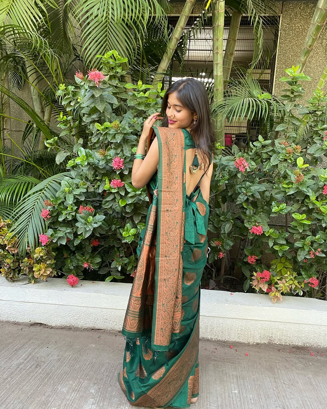 Emerald Green Silk Saree with Copper Zari Work