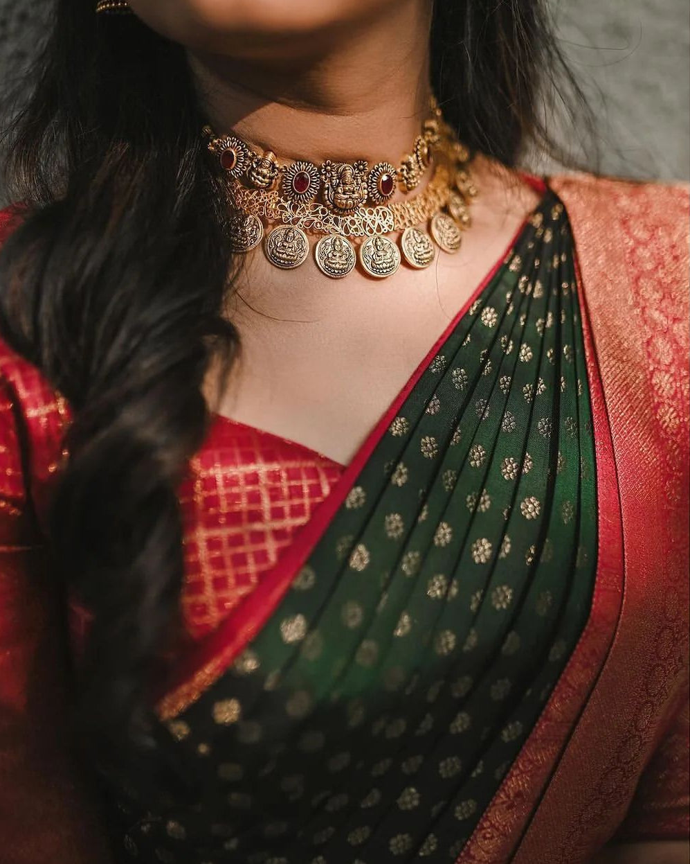 Green Silk Saree with Red Border & Zari Motifs