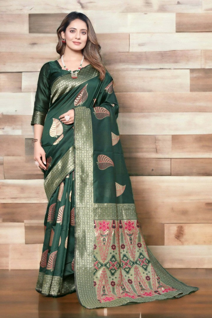Dark Green Silk Saree with Gold Motifs & Floral Pallu