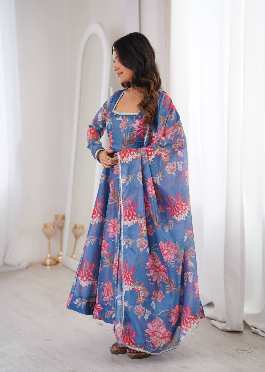 Blue Floral Print Georgette Anarkali Set with Dupatta