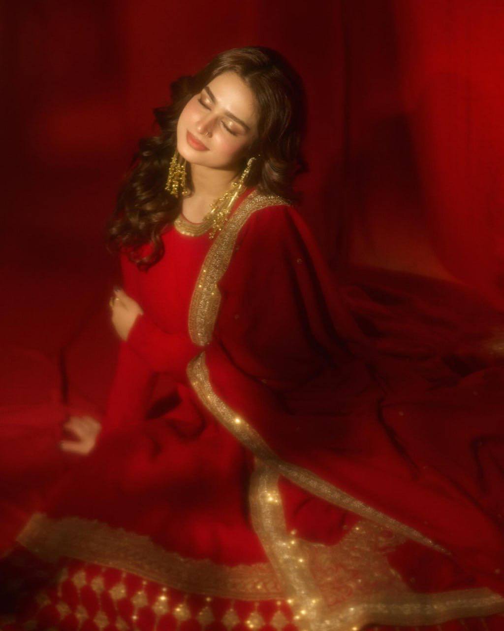 Regal Crimson Red Georgette Anarkali Gown with Heavy Gold Embroidered Border & Bordered Dupatta Set for Women