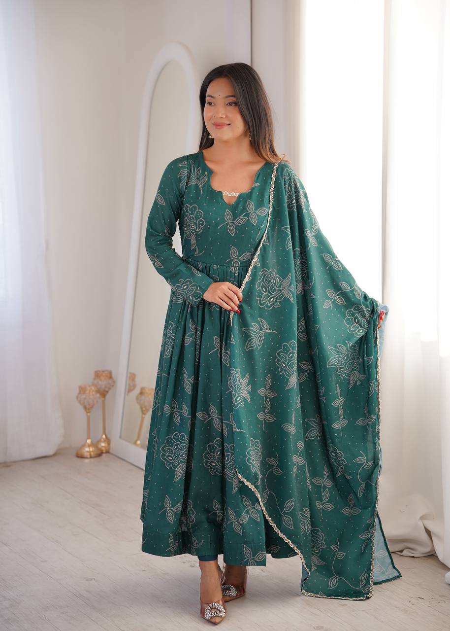 Dark Green Block Printed Anarkali Suit Set with Dupatta