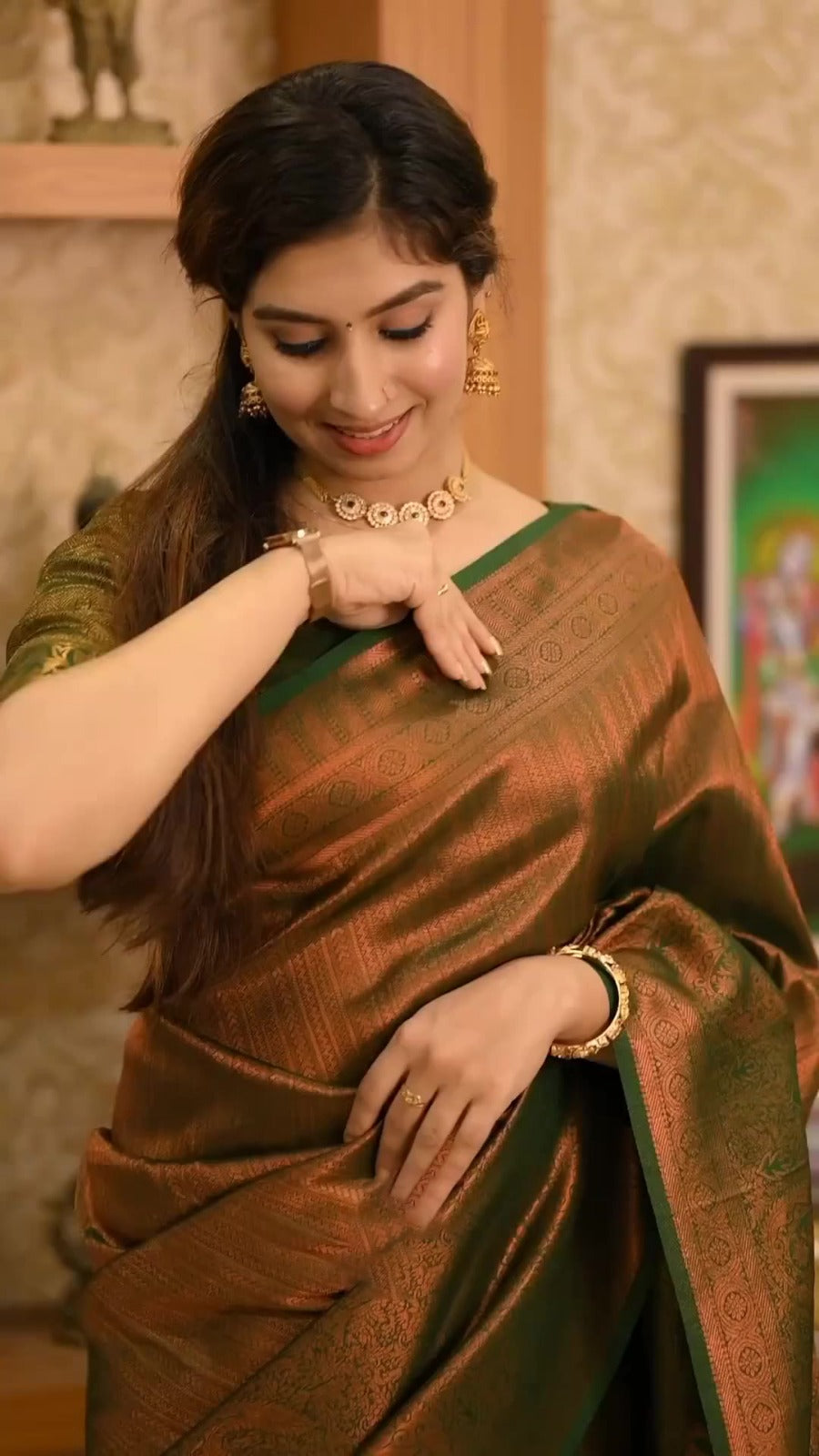 Bronze Brown Silk Saree with Green Border & Zari Work