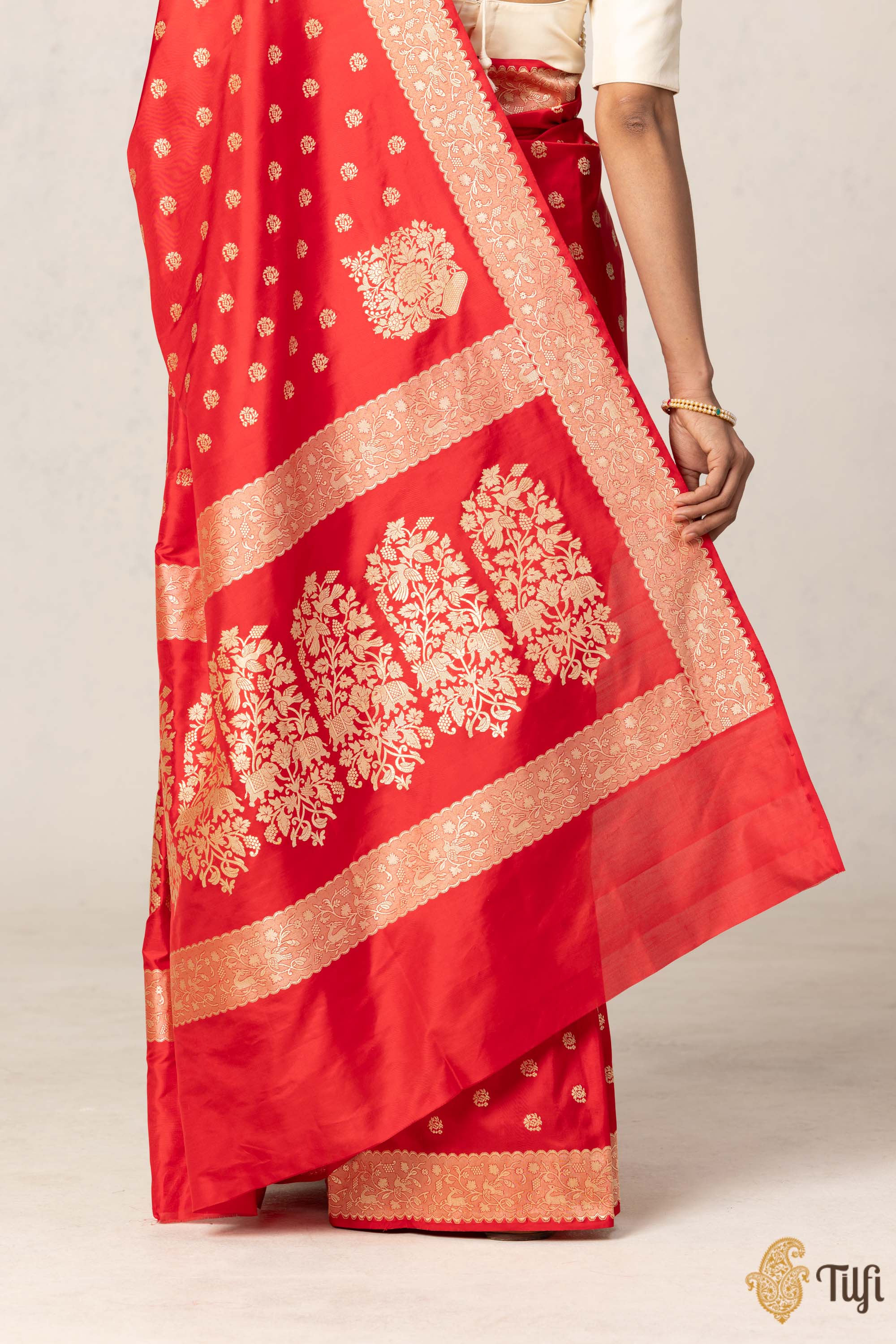 Red Banarasi Silk Saree with Gold Zari Motifs & Border