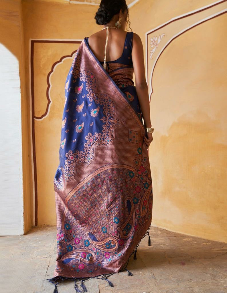 Royal Blue Silk Saree with Copper-Gold Border