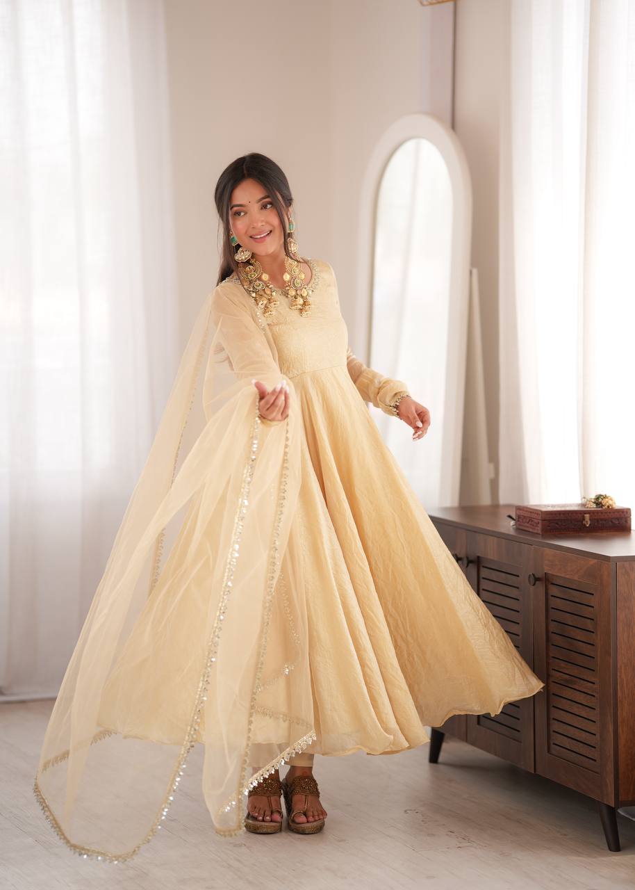 Beige Gold Tissue Silk Anarkali Suit Set with Sheer Dupatta & Pants
