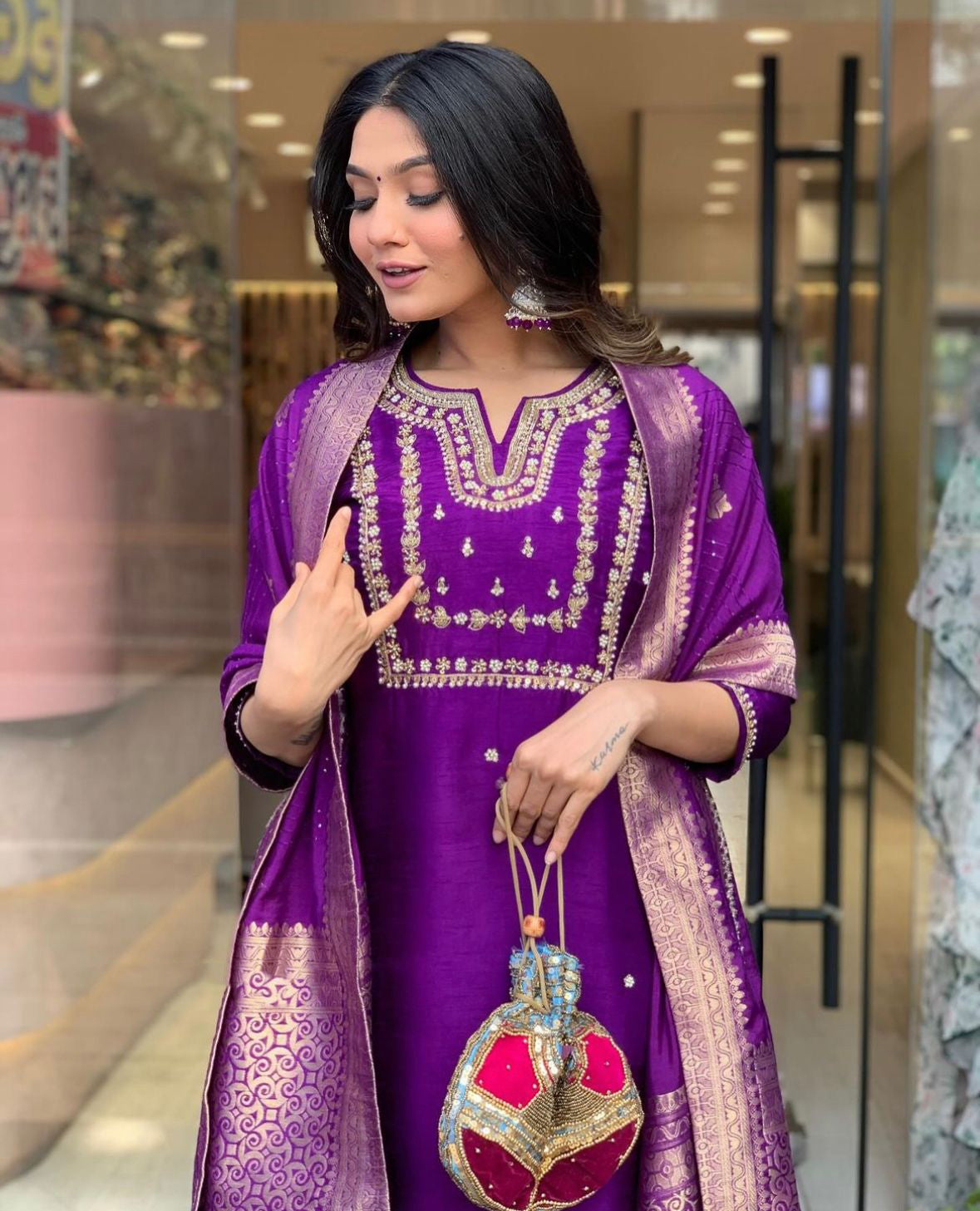 Purple Embroidered Straight Kurta Set with Dupatta