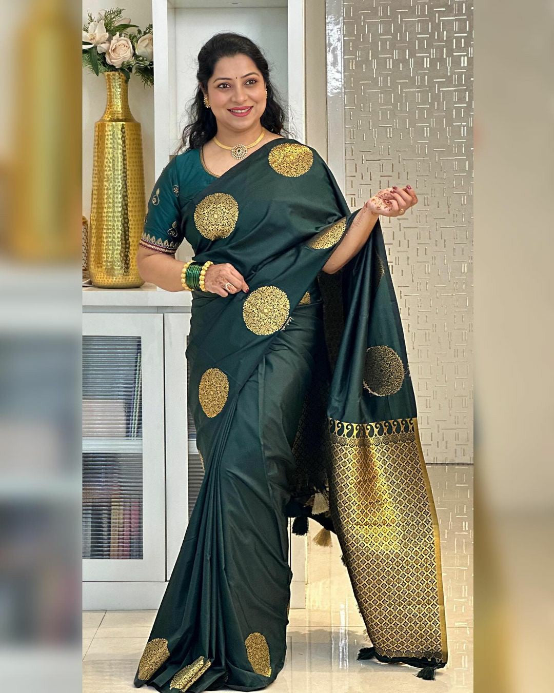 Green Banarasi Silk Saree with Bold Gold Buttas
