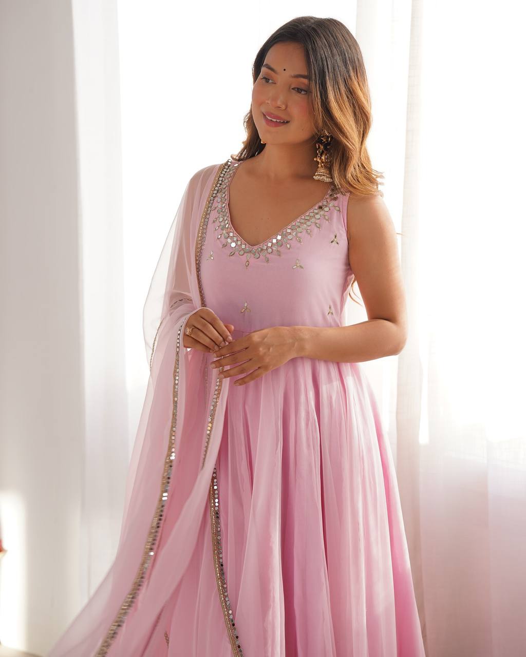 Pink Anarkali Gown for Women with Dupatta