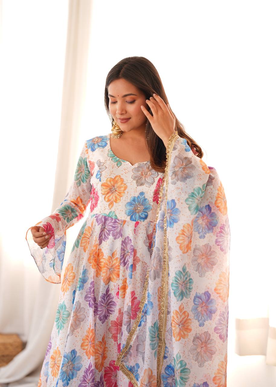 White Floral Printed Organza Anarkali Suit Set with Dupatta