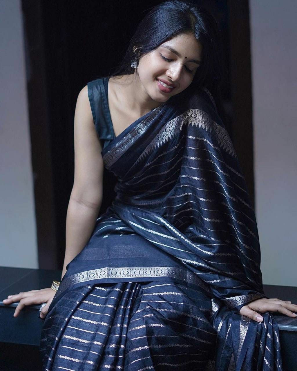 Black Silk Saree with Gold Zari Stripes