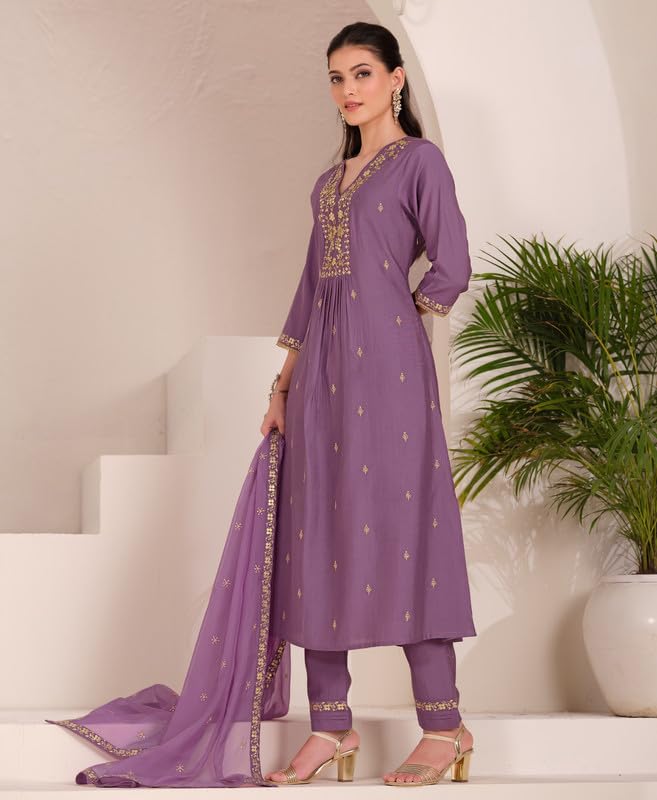 Lavender Embroidered Kurta Set with Dupatta for Women