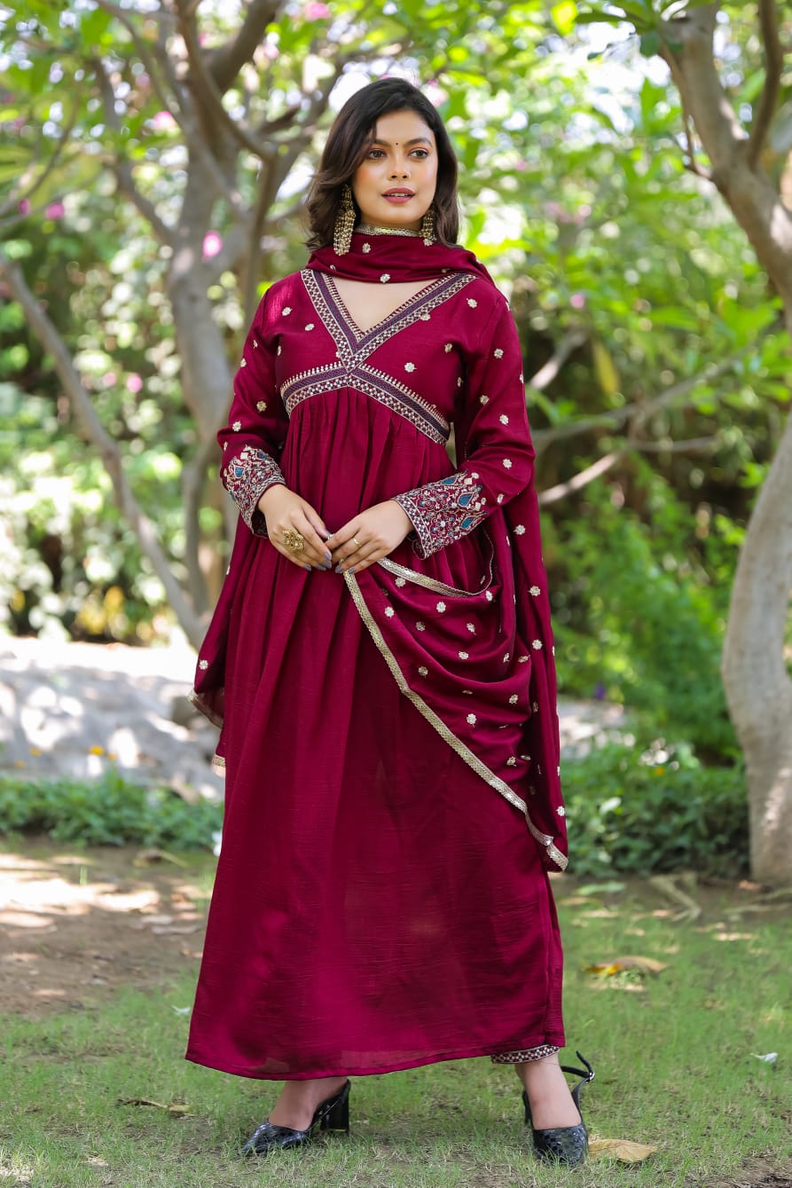 Festival Wear Chanderi Maroon Kurta Set