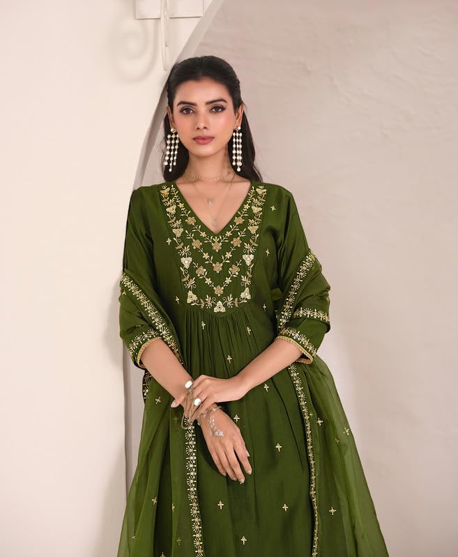 Olive Green Kurta Pant Set with Dupatta | Elegant Embroidered Ethnic Wear for Women