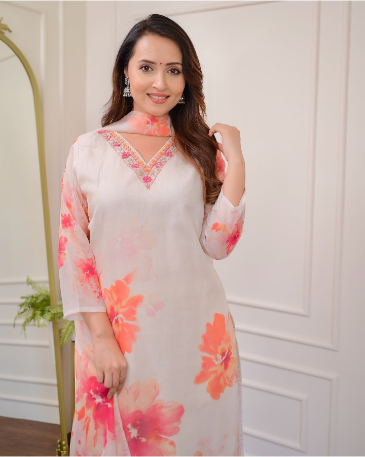 Off White Floral Print Organza Kurta Set