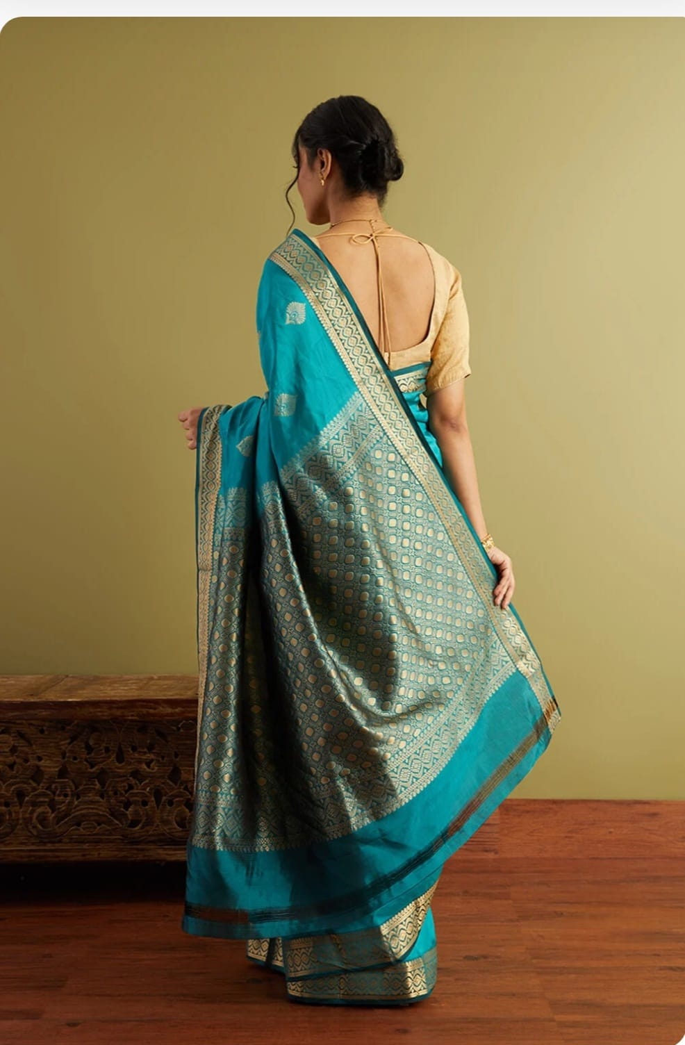 Teal Blue Banarasi Silk Saree with Gold Zari Border