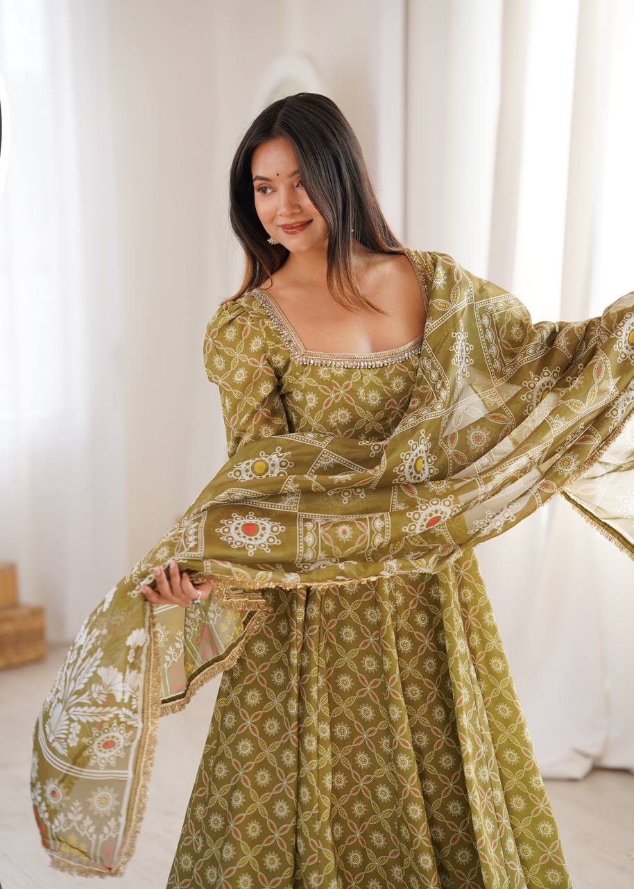 Olive Green Olive Printed Anarkali Suit Set with Lace Dupatta