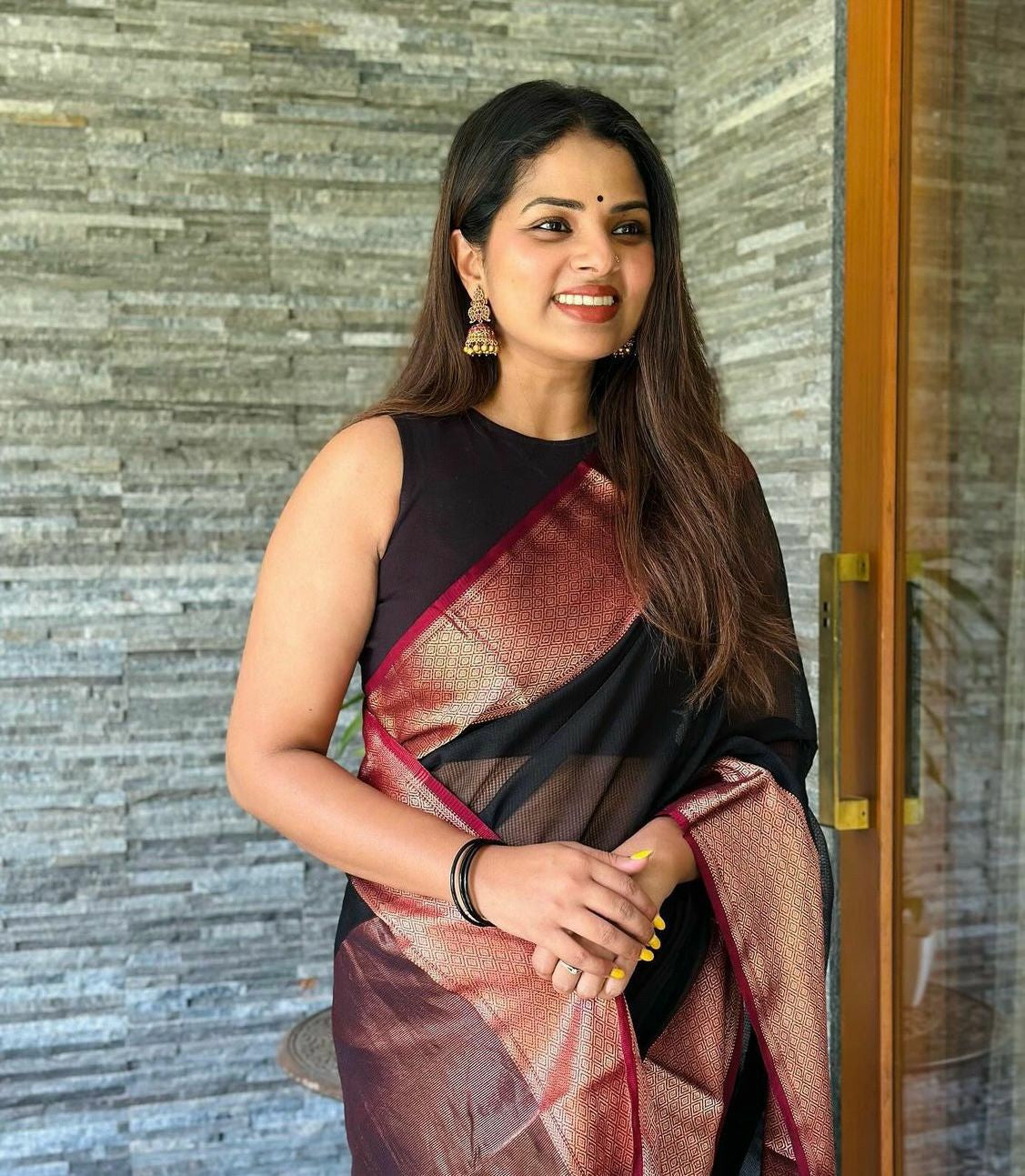 Black Silk Saree with Copper-Gold Border