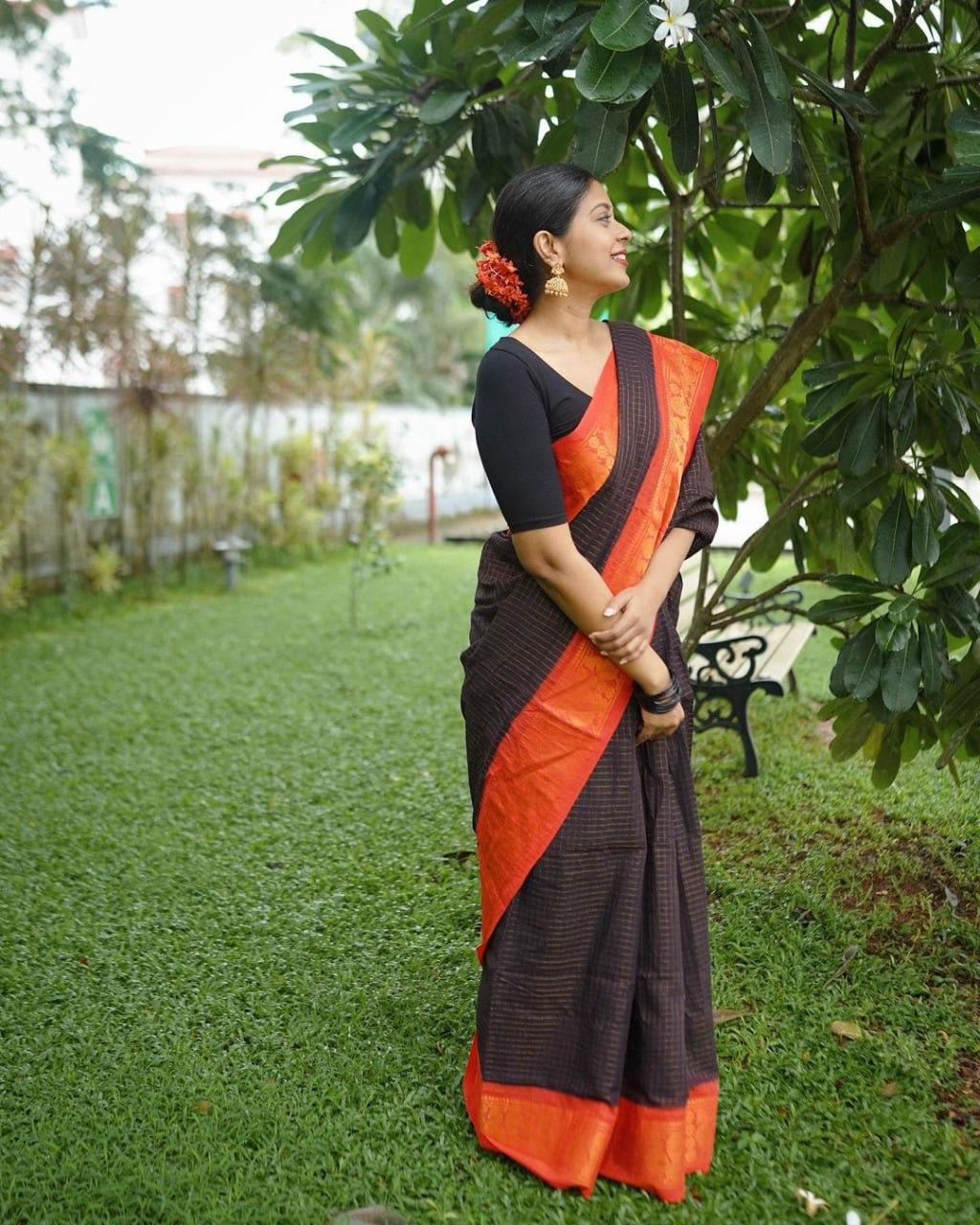 Black Cotton Saree with Orange Border | Handloom Casual & Festive Wear Saree