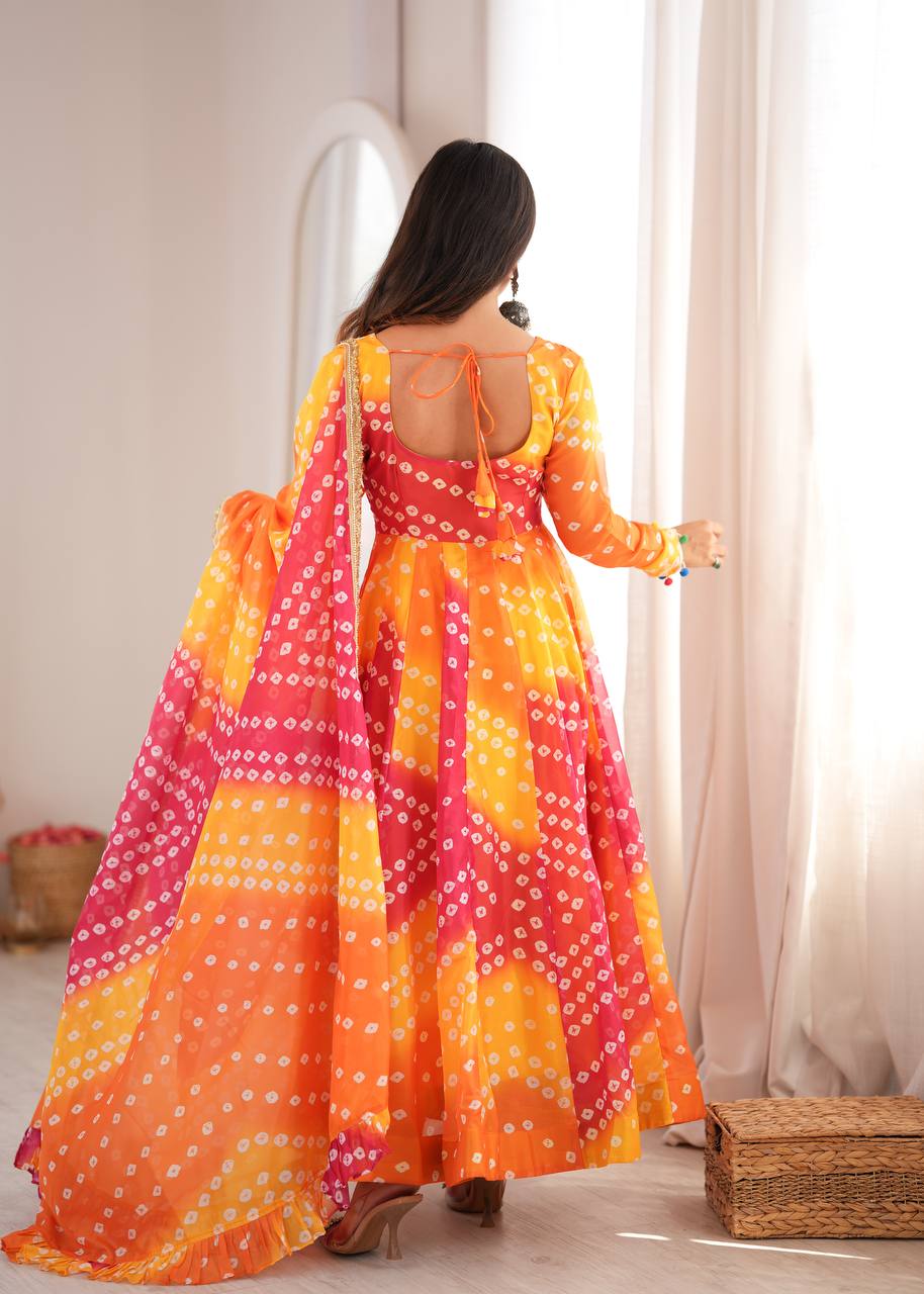 Yellow and Pink Bandhani Printed Anarkali Suit Set with Dupatta