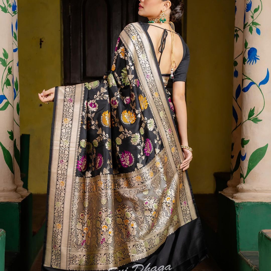 Black Silk Saree with Multicolor Floral Zari Work & Rich Border