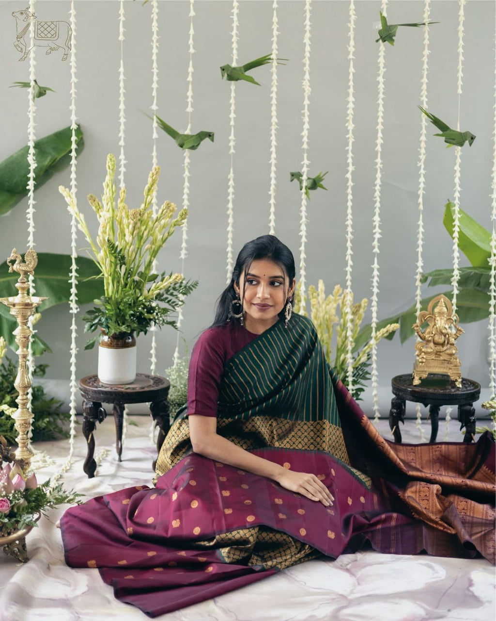 Green Silk Saree with Wine Contrast Border & Gold Zari Weaving