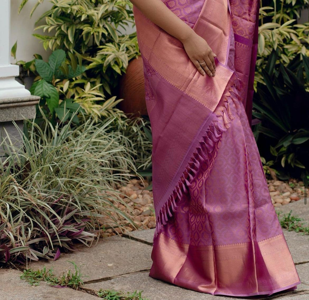 Pink Silk Saree with Purple Zari Border