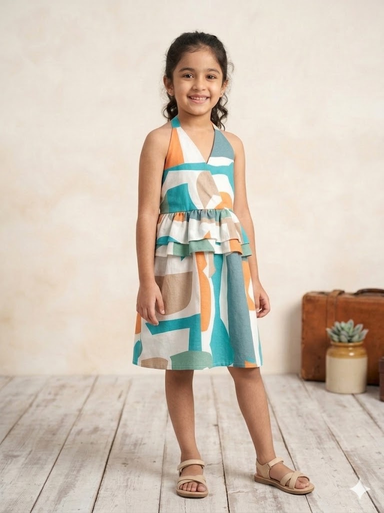 Girls Abstract Geometric Printed Halter Neck Tiered A-Line Dress